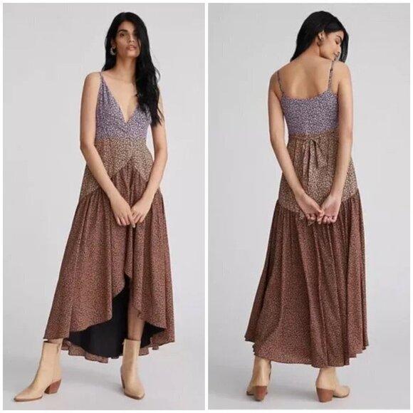 💕HUTCH Elma Cutaway High Low Wrap Dress Colorblocked Ditsy Floral Satin XXS NWT - Picture 5 of 16